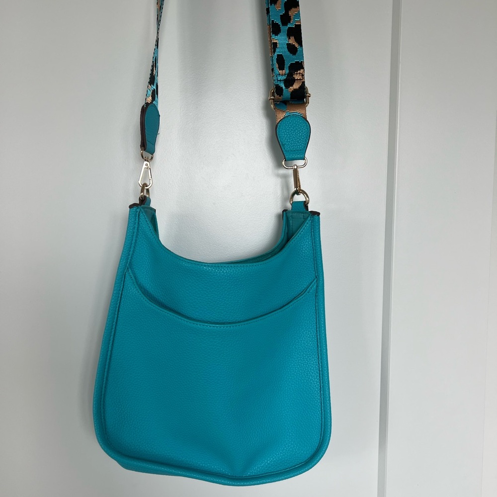 Stylish Blue Leather Shoulder Bag with Leopard printed strap